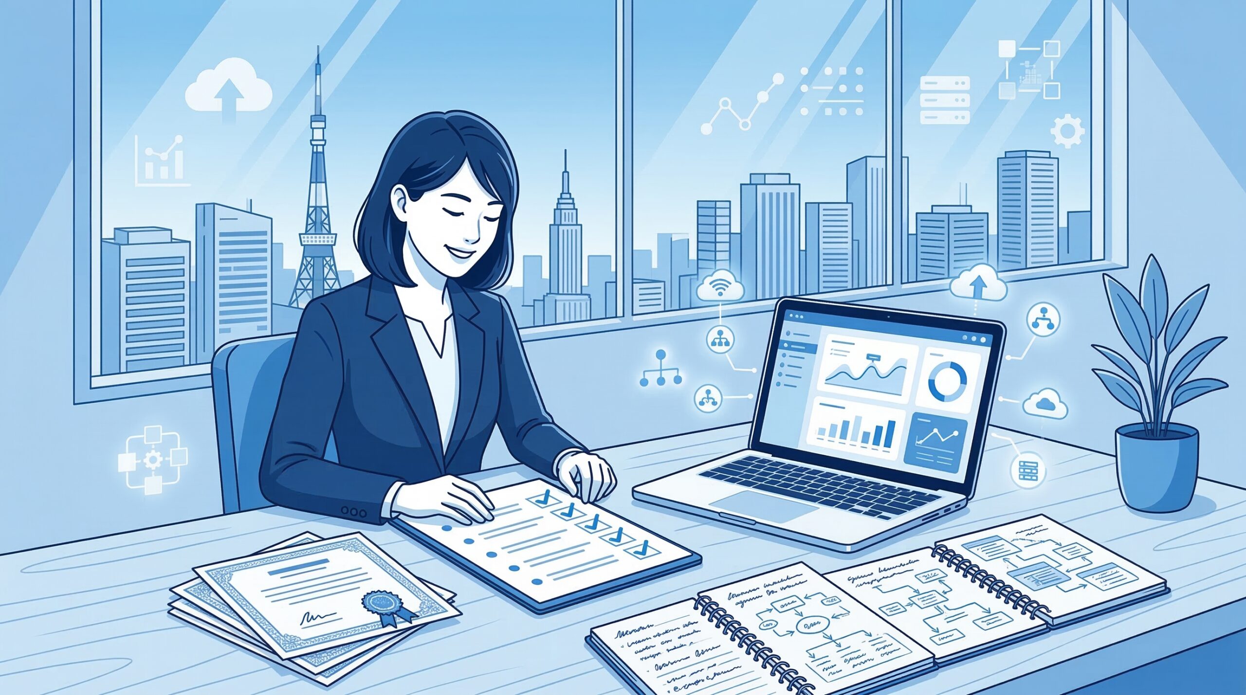 ITコーディネーター試験の勉強をするビジネスパーソンのイメージ。合格体験談を紹介する記事のアイキャッチ。