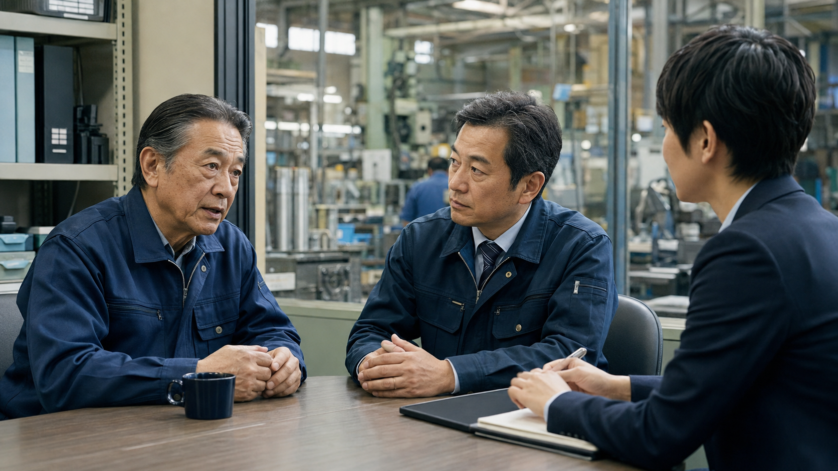 町工場の経営者と工場長にITコーディネータがヒアリングしている様子