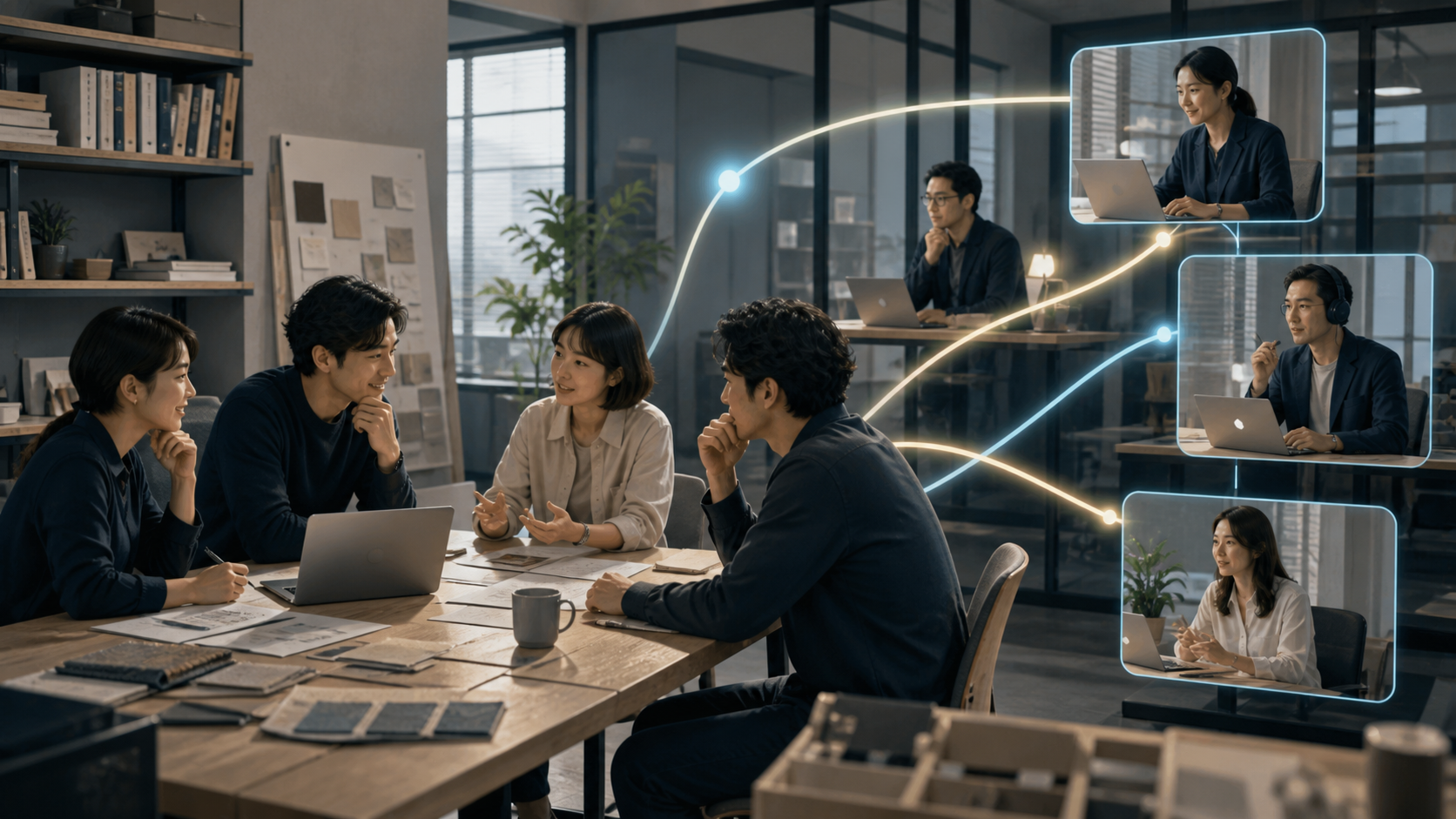 中小企業のメンバーが、外部人材と連携しながらDXを推進している様子。
